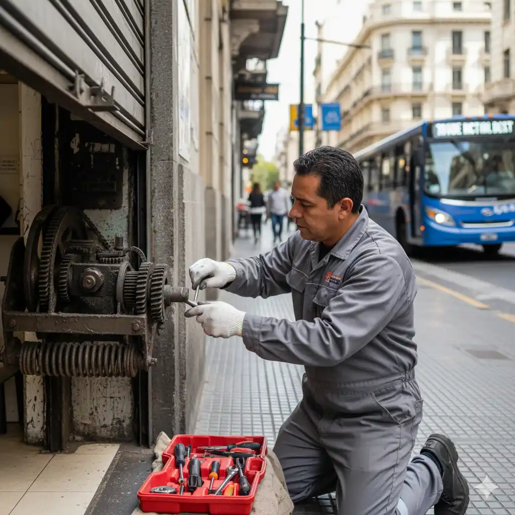 Técnico profesional de Buenos Aires reparando una cortina metálica de un local comercial con herramientas visibles, con enfoque en el mecanismo.
